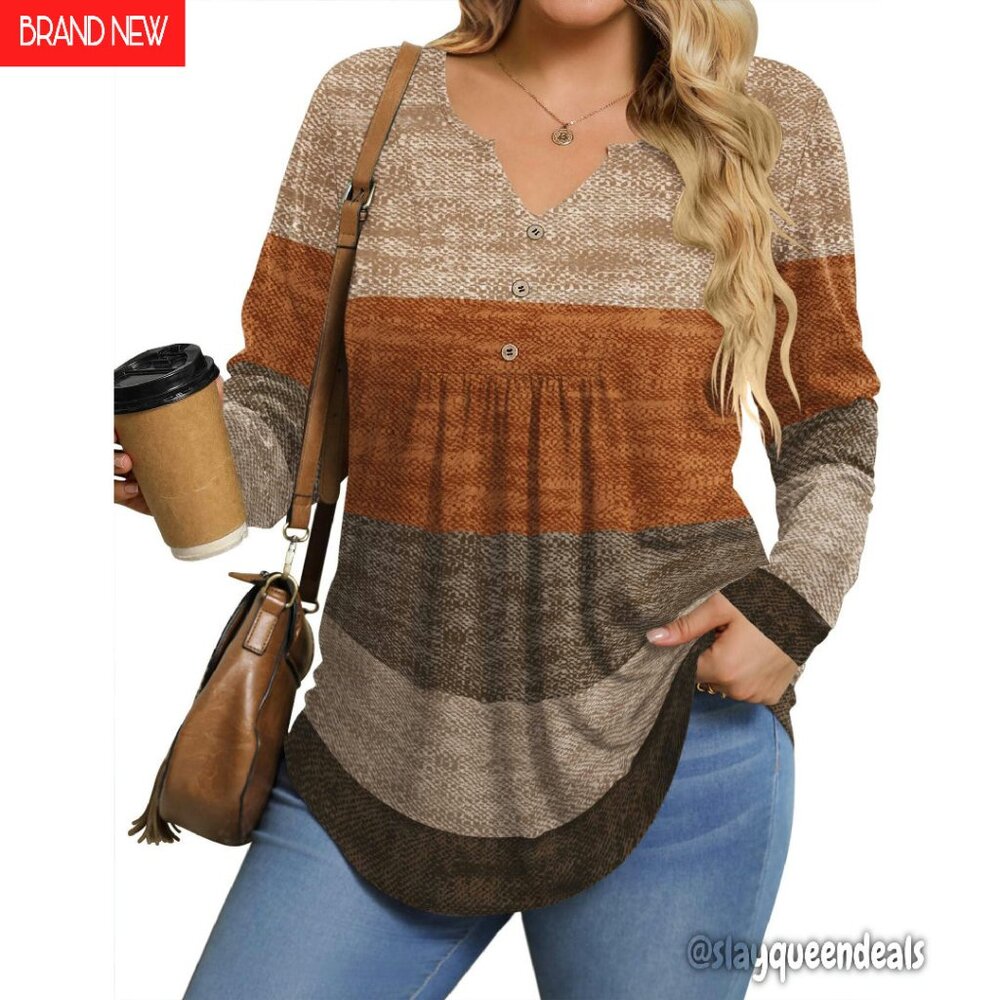 Plus Size Long Sleeve Tunic Top V-Neck Blouse Polyester Spandex Stretch